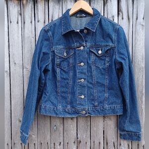 New Lands End classic dark blue denim jean long sleeve button up jacket womens M